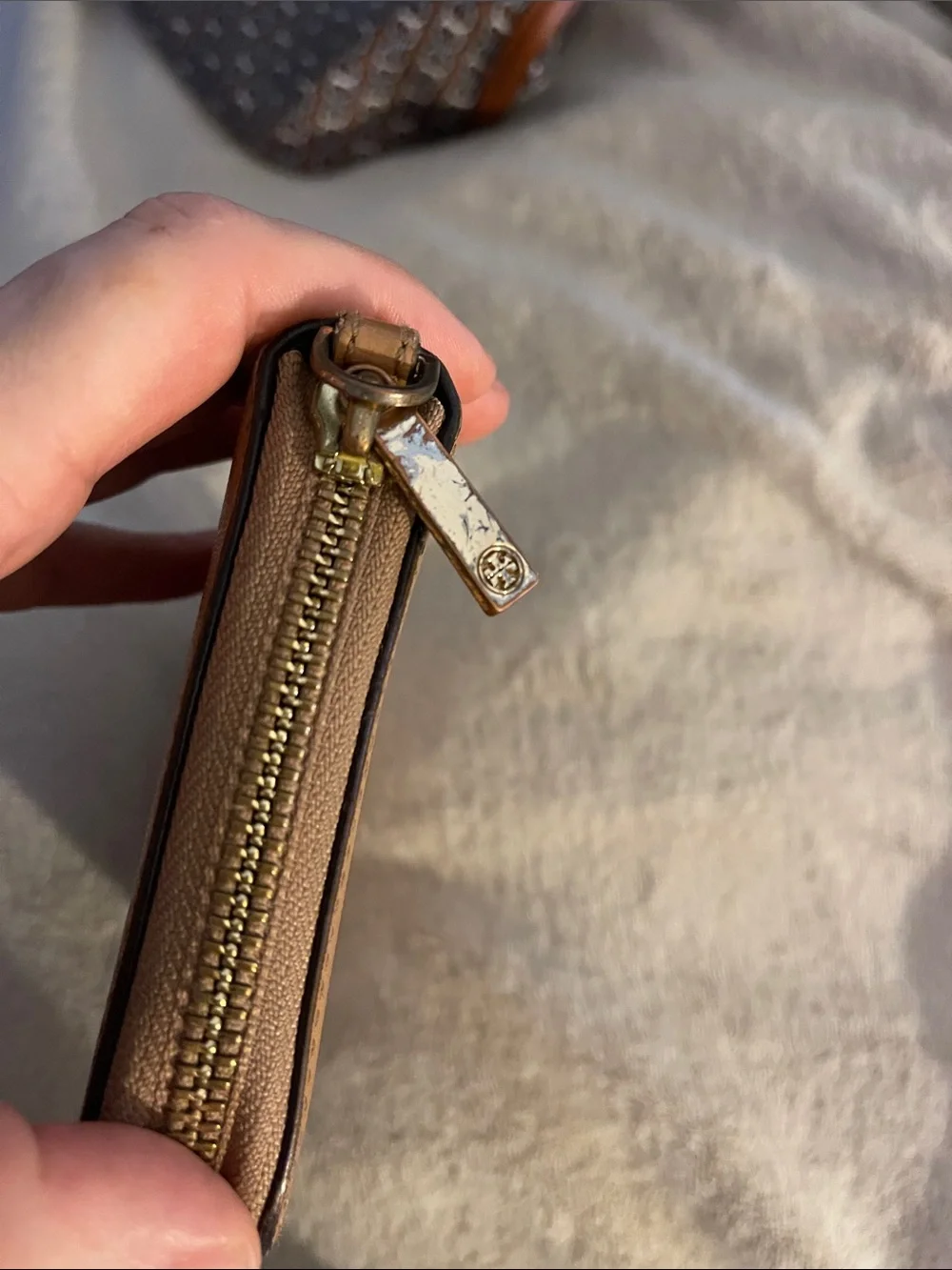 Tory Burch Camel/Tan Leather Zip Wallet with Gold Logo
